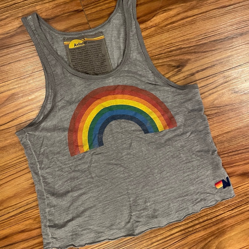 Aviator Nation Gray Tank with Rainbow graphic